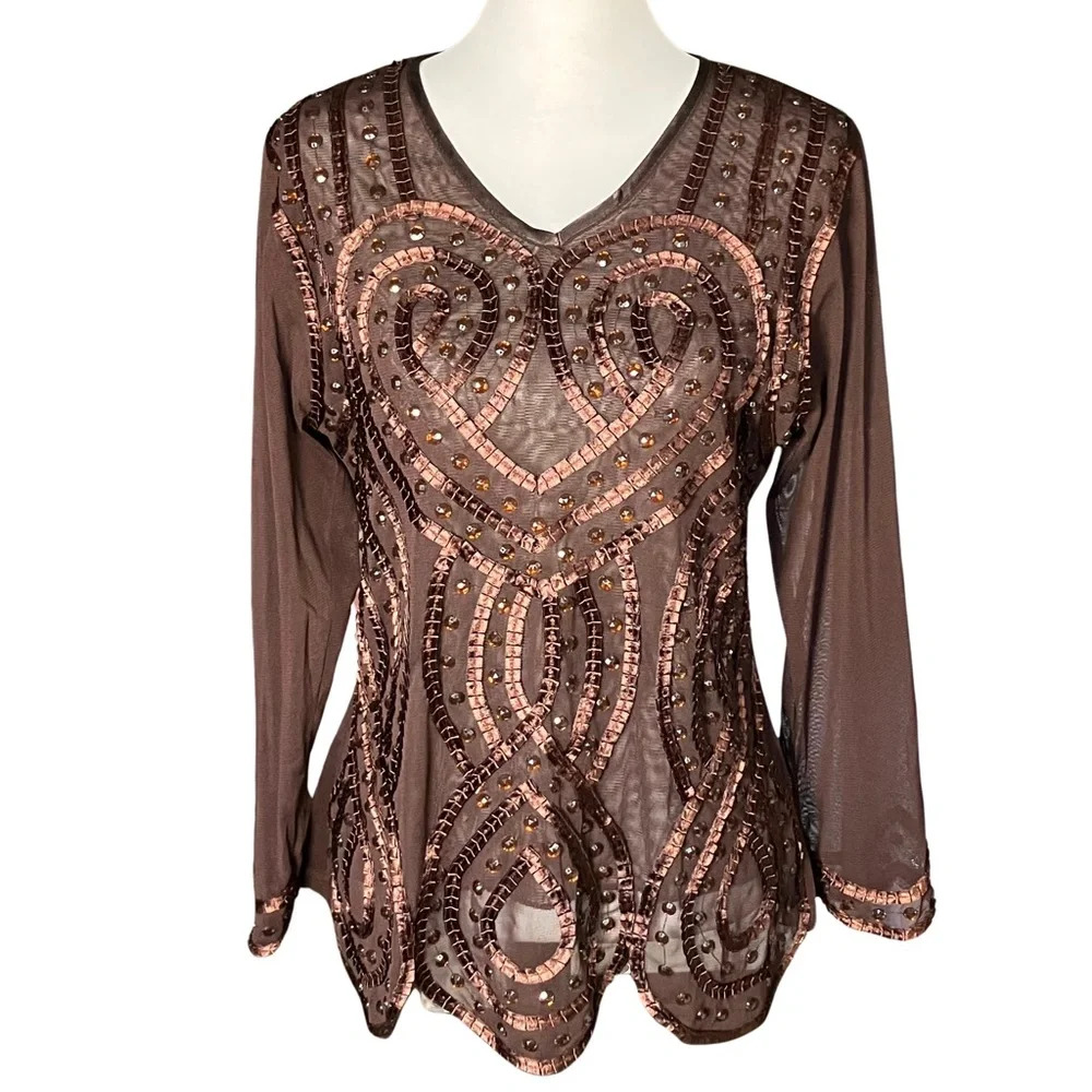 Y2K Vintage Fairycore Boho Sheer Beaded Embellished Long Sleeve Going Out Top